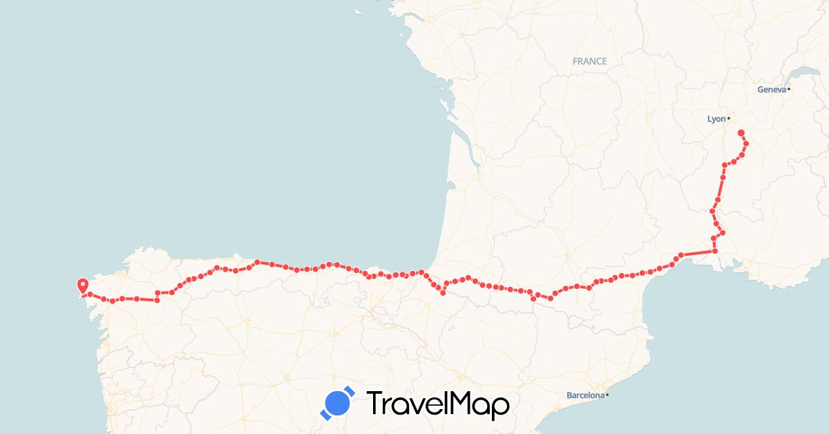 TravelMap itinerary: driving, hiking in Spain, France (Europe)